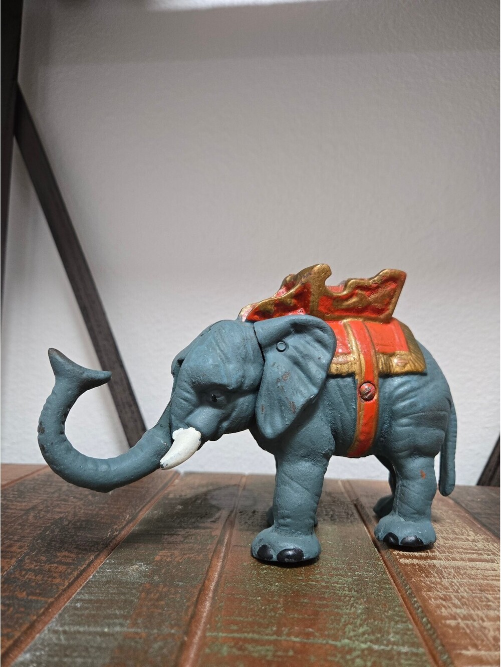 Vintage Cast Iron Blue Elephant Mechanical Coin Bank - Works